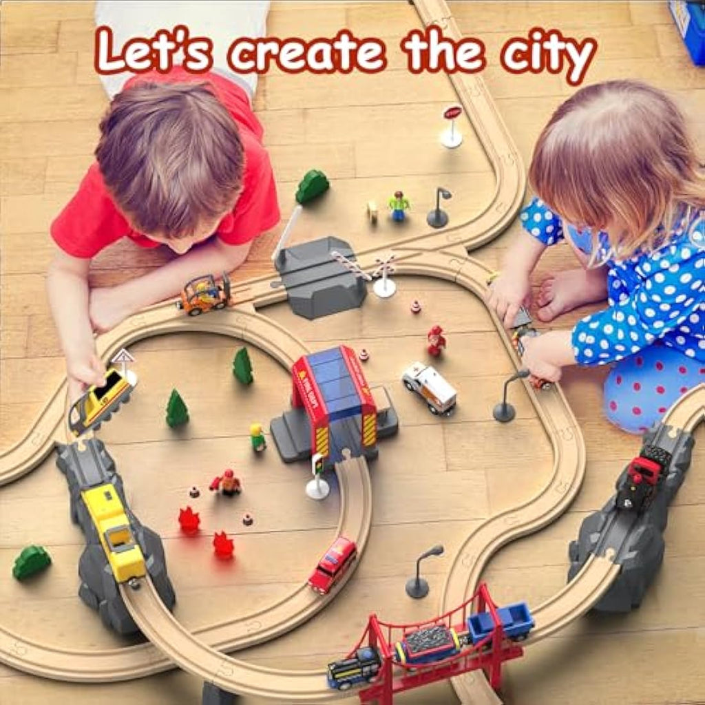 Giant Bean 72-Piece Wooden Train Set | Fire Station Toy Railway Kit