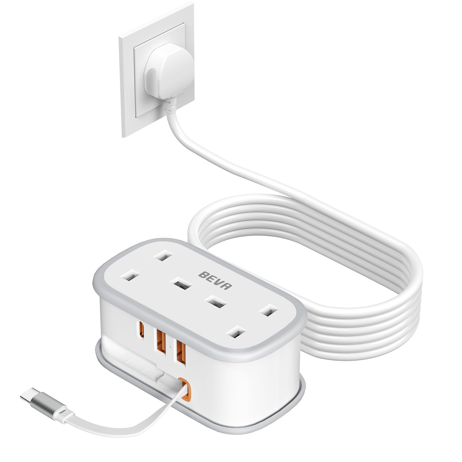 BEVA Travel Power Strip with Retractable USB C Cable – 1.5M Extension Lead