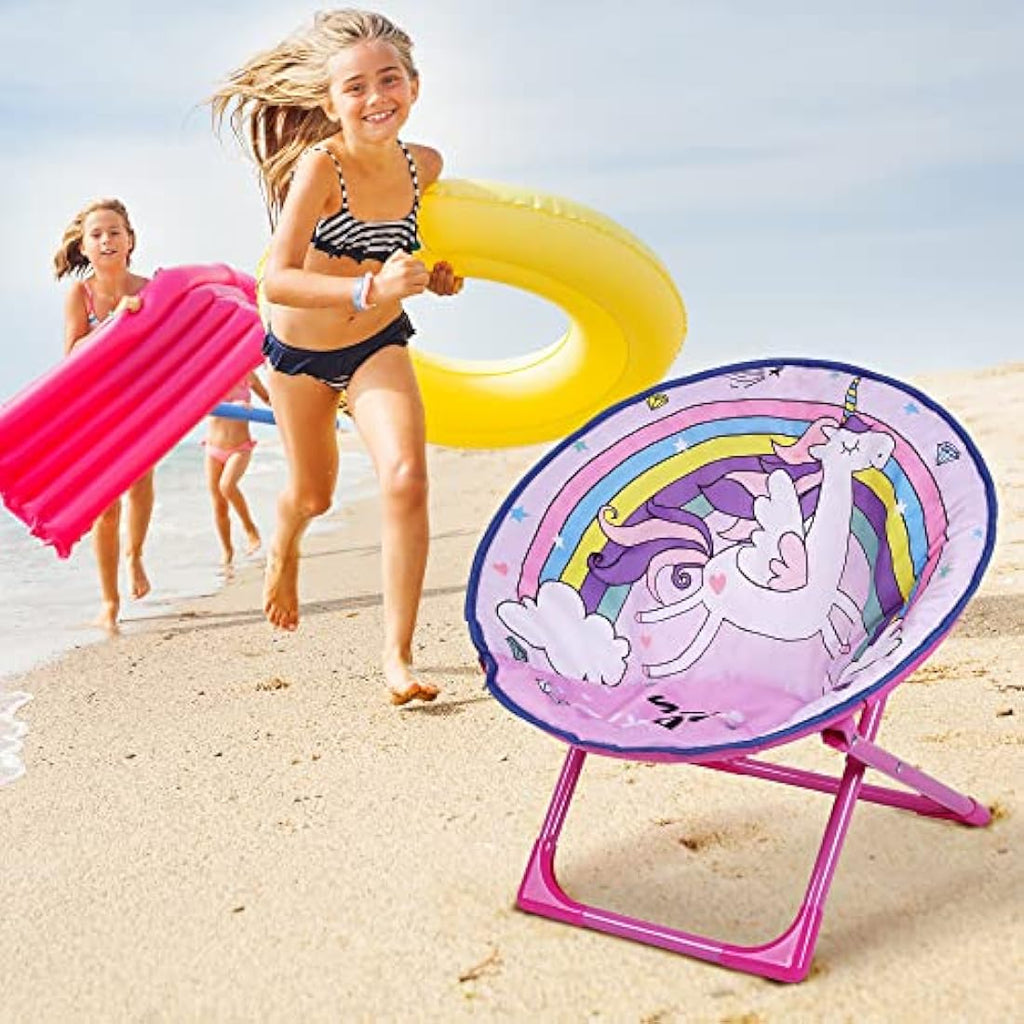 Outplea Kids Rainbow Unicorn Saucer Chair | Foldable Padded Moon Chair