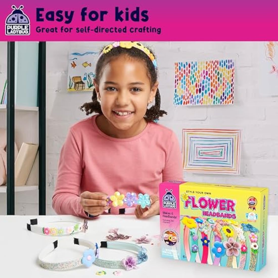 Purple Ladybug DIY Flower Headband Kit - 6pc Kids Craft Set for Girls