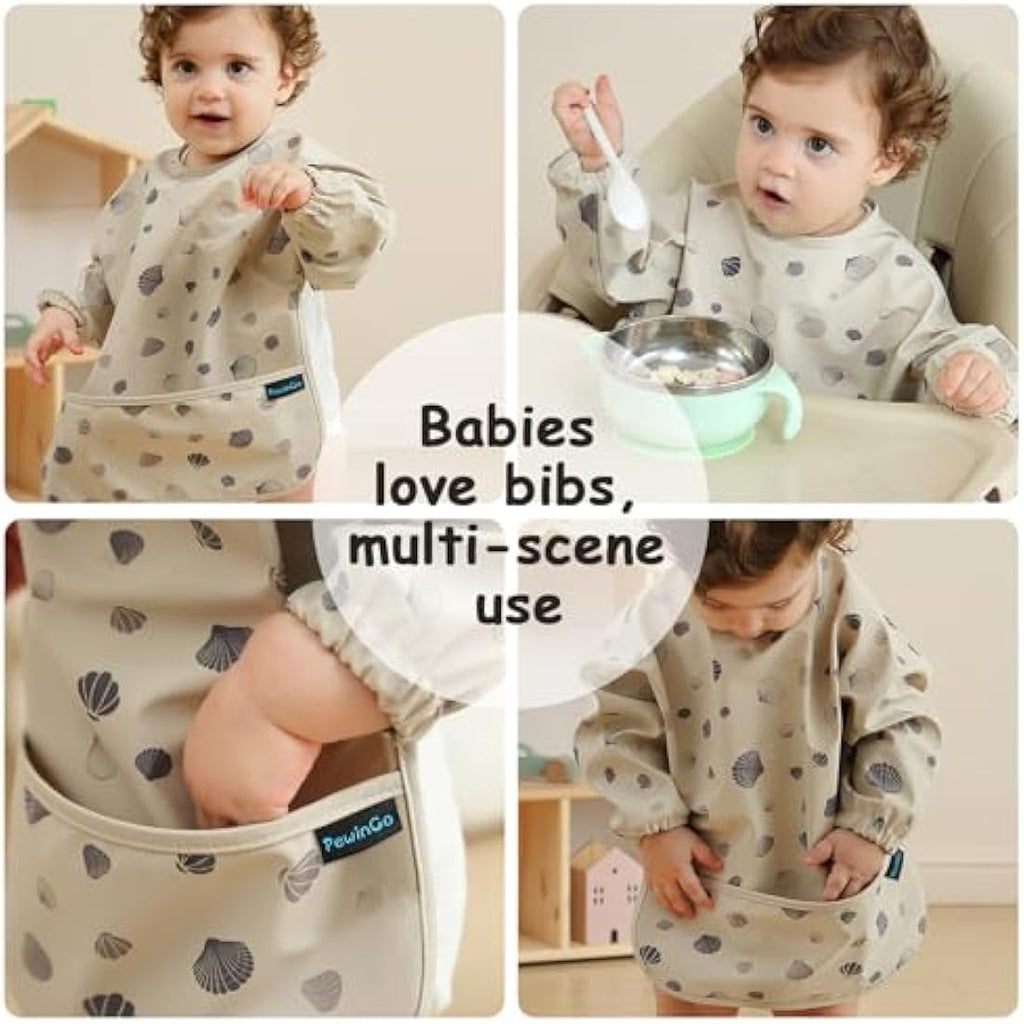 PewinGo Long Sleeve Weaning Bib – Waterproof Baby Coverall Bib, Beige