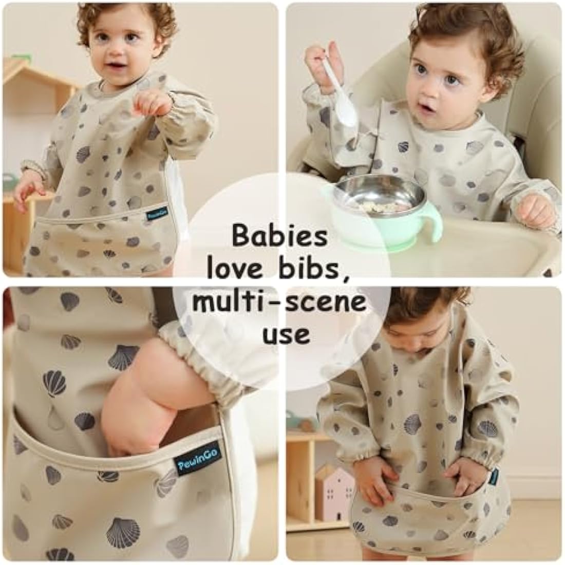 PewinGo Long Sleeve Weaning Bib – Waterproof Baby Coverall Bib, Beige