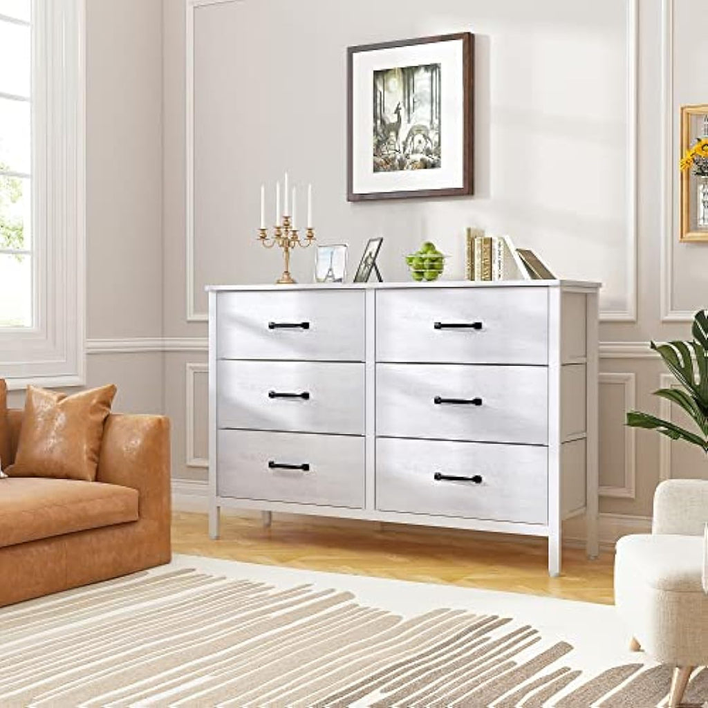 LYNCOHOME 6 Drawer Chest of Drawers | White TV Stand with Metal Frame