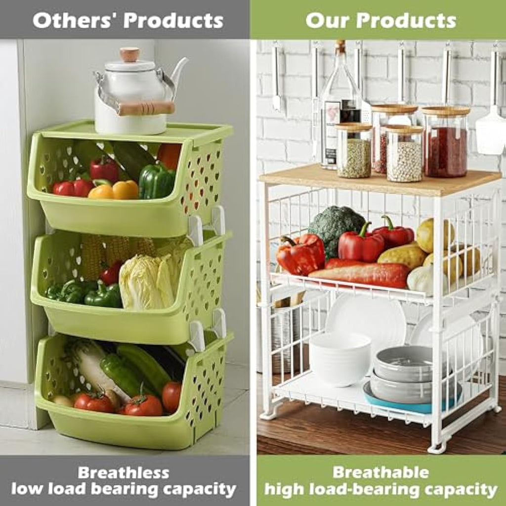 UMDONX 3-Tier Kitchen Fruit Basket – Metal Vegetable Storage Rack with Wood Top