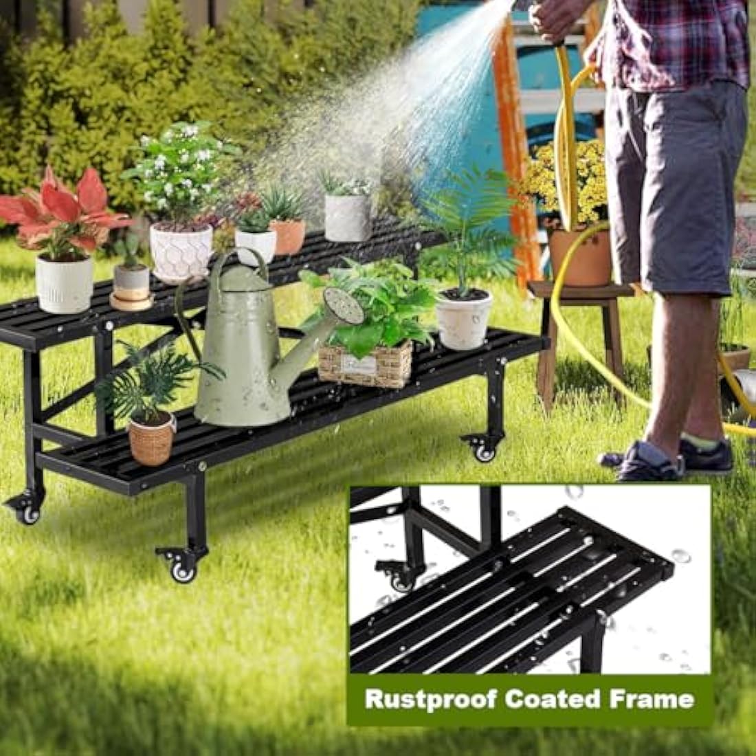 CStern 2-Tier Metal Plant Stand with Wheels – Heavy Duty Flower Shelf