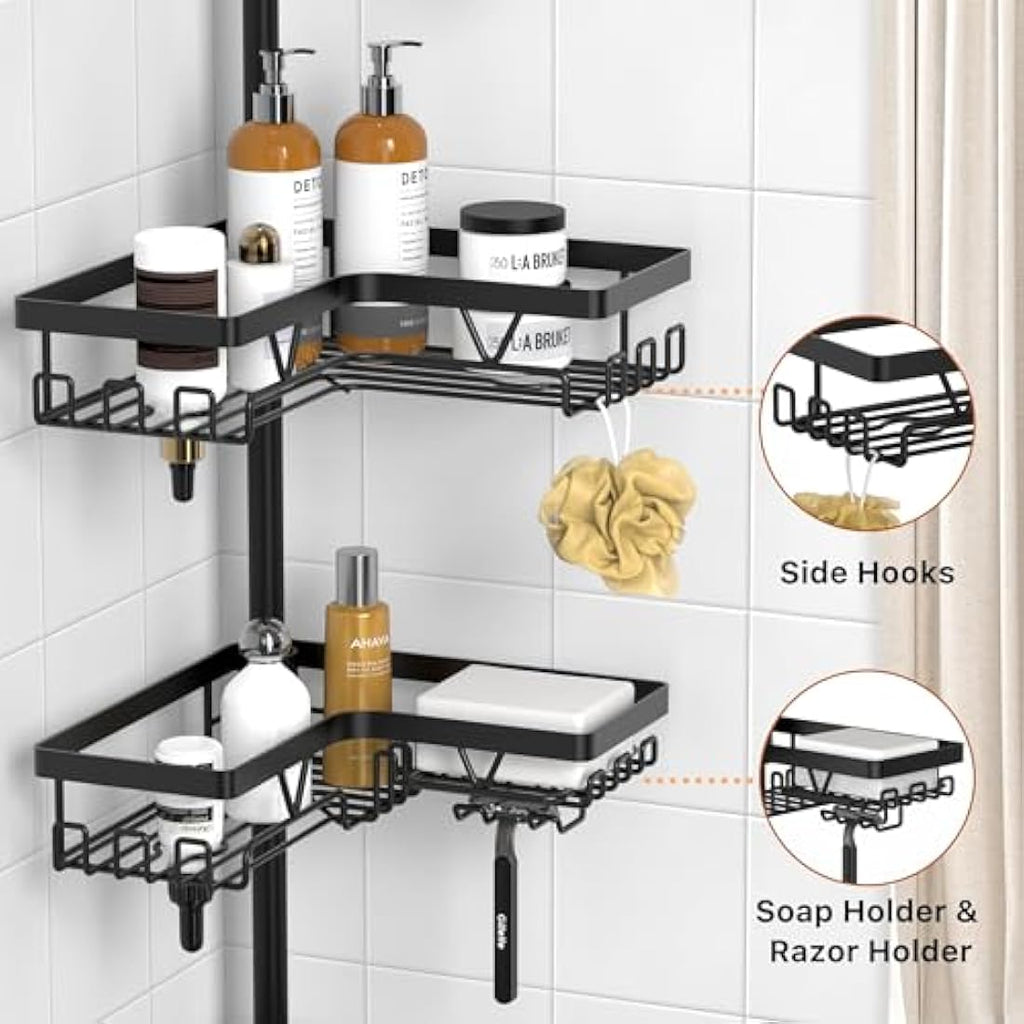 Jolof Store 4-Tier Tension Rod Shower Caddy – Stainless Steel Corner Shelf