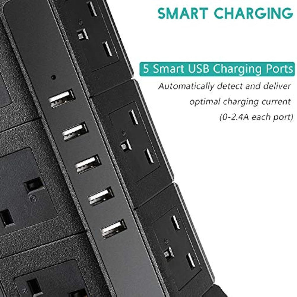PRITEK 12-Way Vertical Extension Lead | 1000J Surge Protector with 5 USB