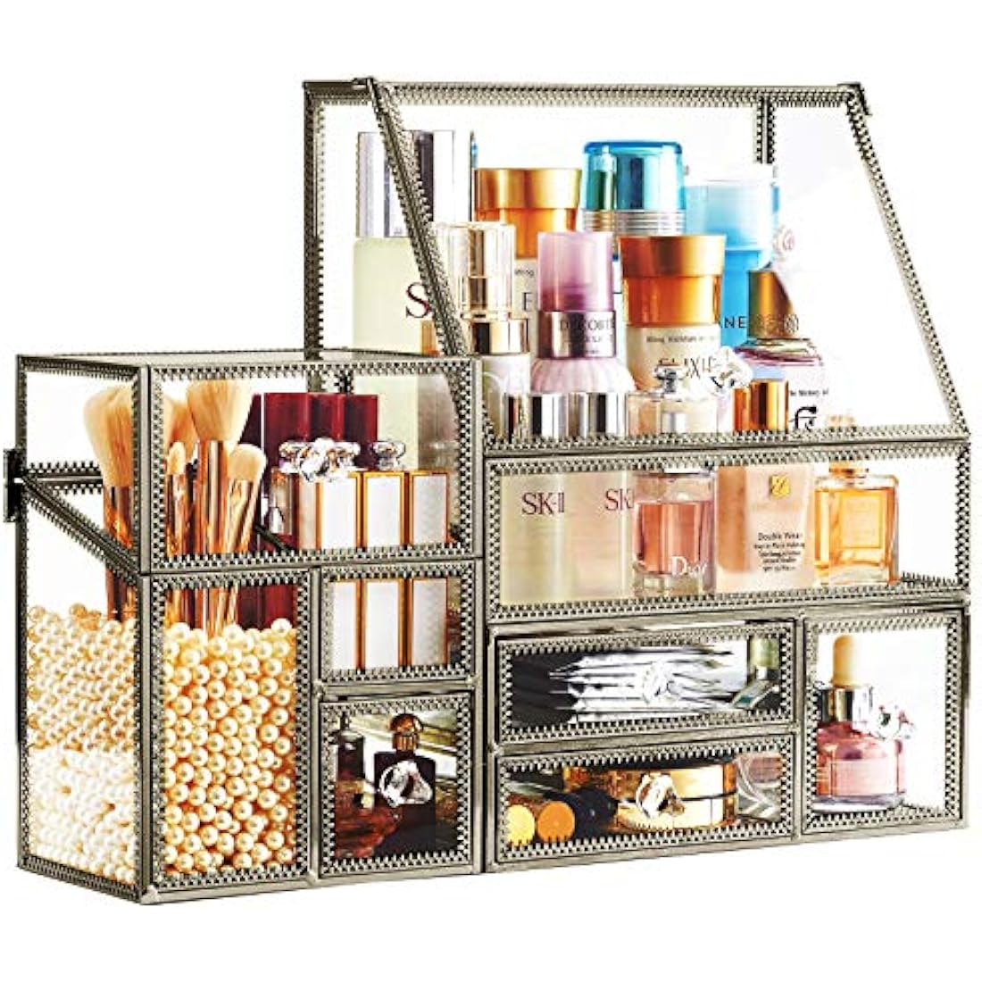 Hersoo Glass Makeup Organizer – Antique Brass Stackable Cosmetic Storage