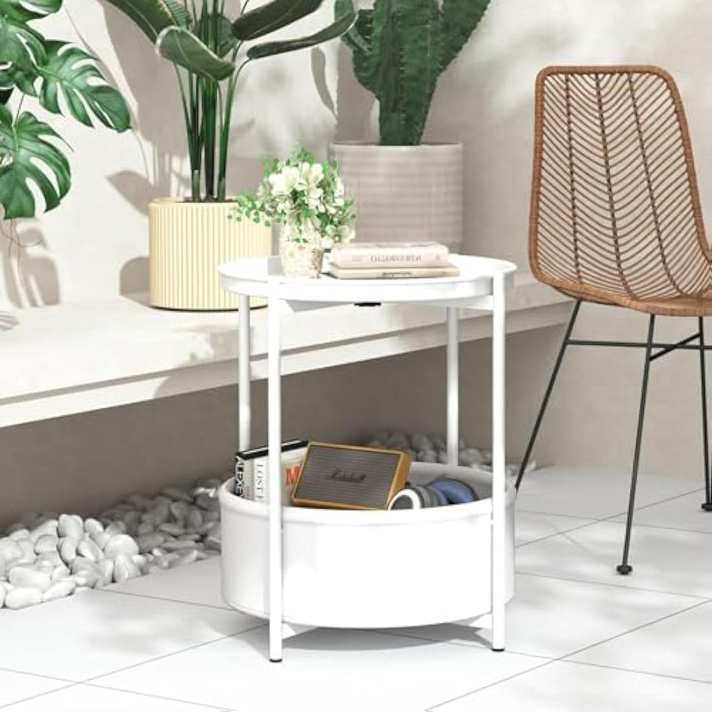 Round End Table with Storage Basket and Removable Tray – White
