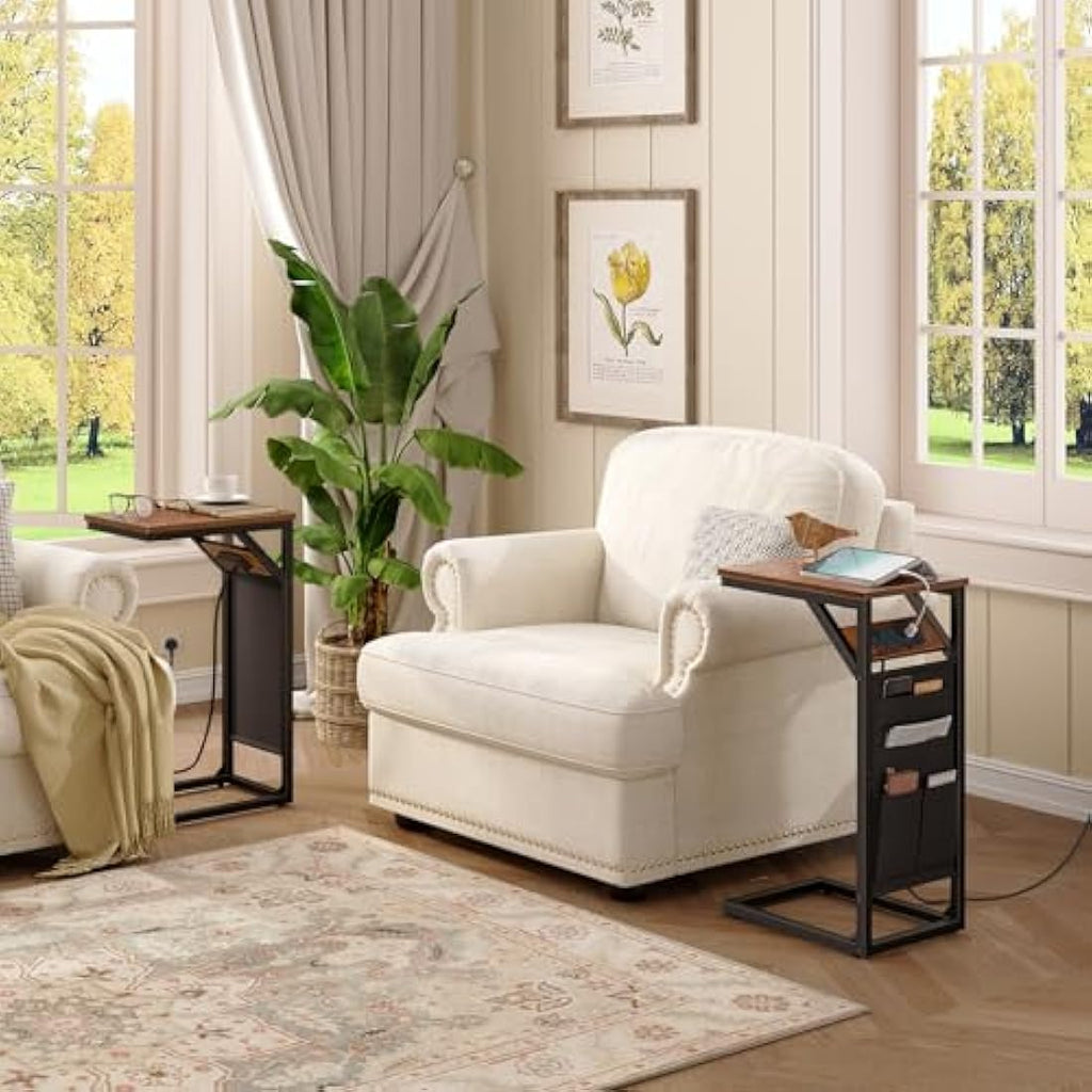 HOOBRO C-Shaped Side Table with Charging Station and Storage Bag