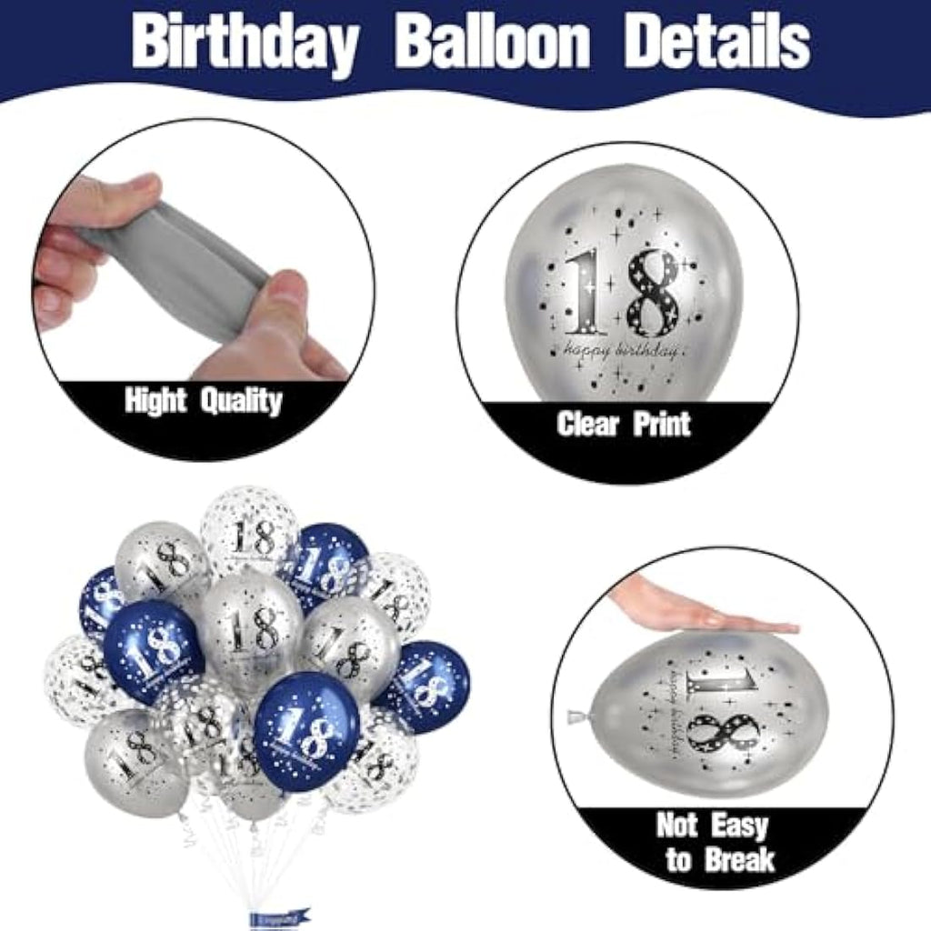 Jolof Store 18th Birthday Balloons – 15pc Navy Blue & Silver Party Decor