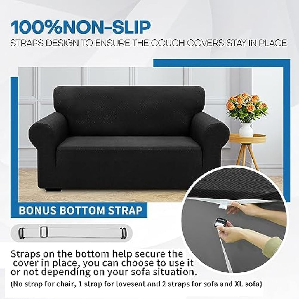 XINEAGE Stretch Sofa Cover – 4 Seater Jacquard Couch Slipcover, Black