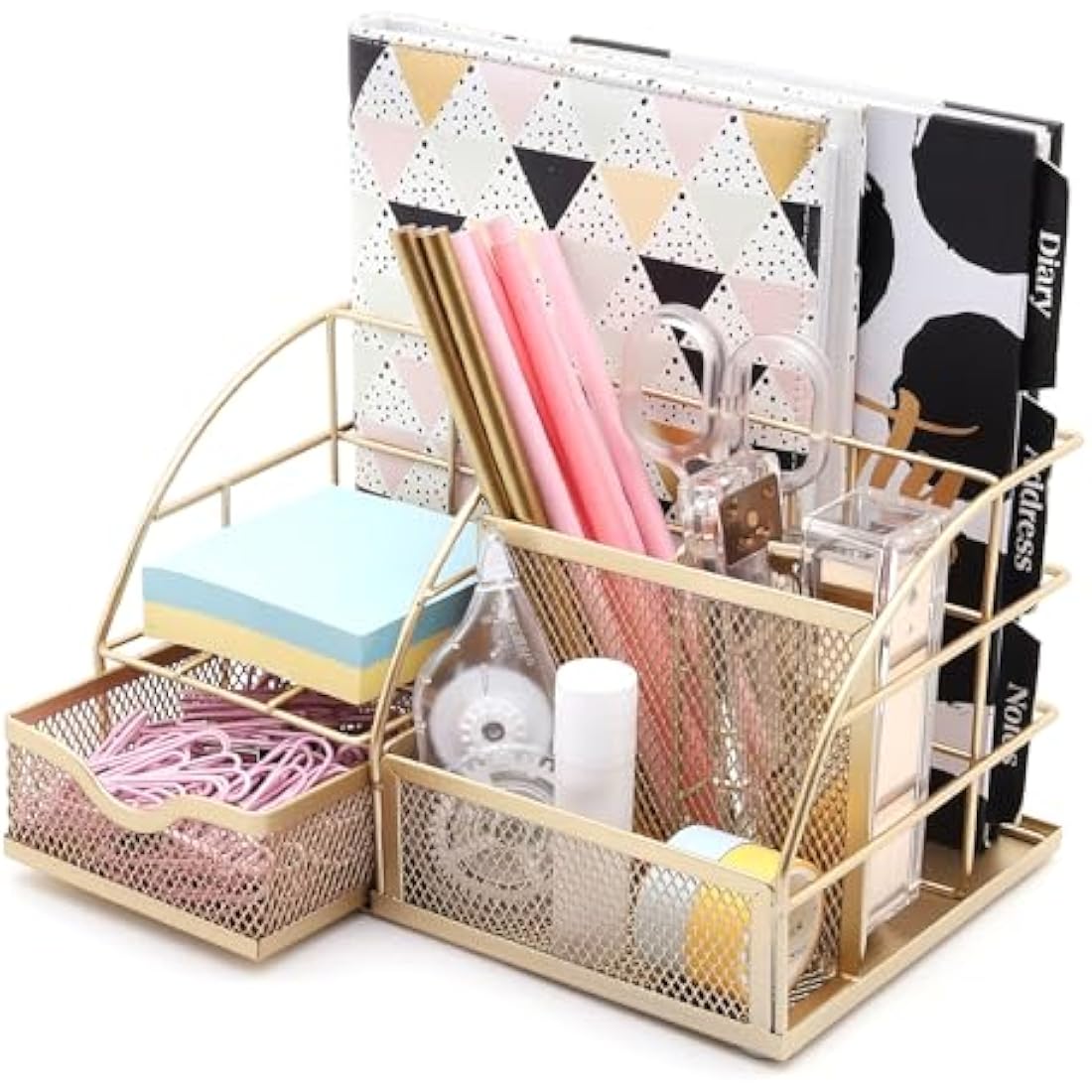 Exerz Mesh Desk Organiser – 7 Compartment Metal Desktop Caddy, Gold