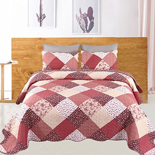 Qucover Super King Patchwork Quilted Bedspread - Red Floral Microfiber Set