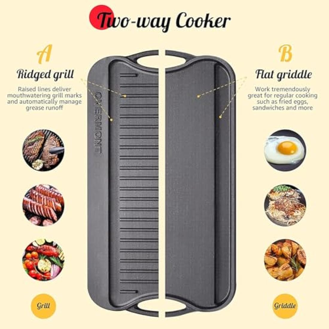 Overmont Pre-Seasoned Cast Iron Reversible Griddle Grill Pan, 17x9.8 Inch
