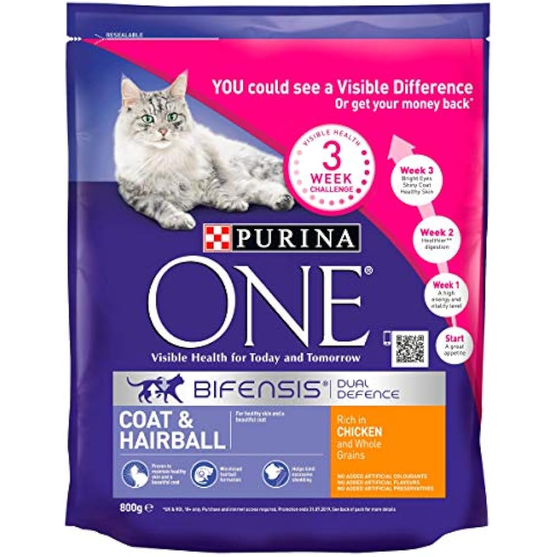 Purina ONE Coat & Hairball Dry Cat Food - Chicken 800g (Pack of 4)