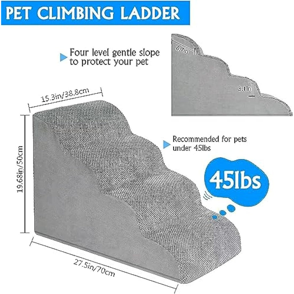 4-Step Foam Dog Stairs for Bed – Non-Slip Pet Ramp, Grey