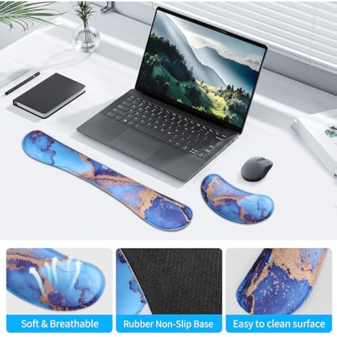 Memory Foam Keyboard and Mouse Wrist Rest Set – Blue Marble