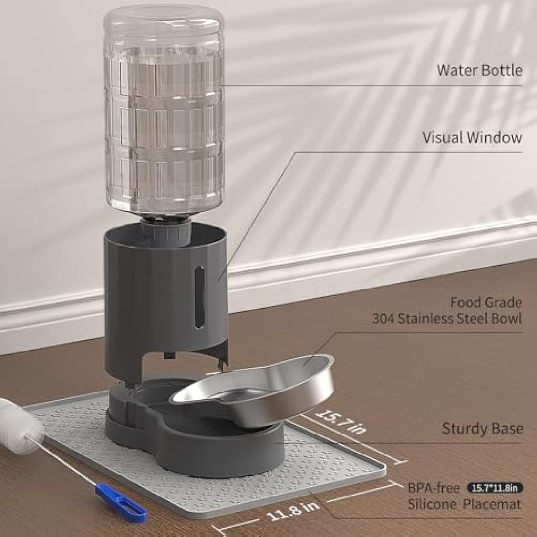 JUNSPOW 4L Gravity Cat Water Dispenser with Stainless Steel Bowl