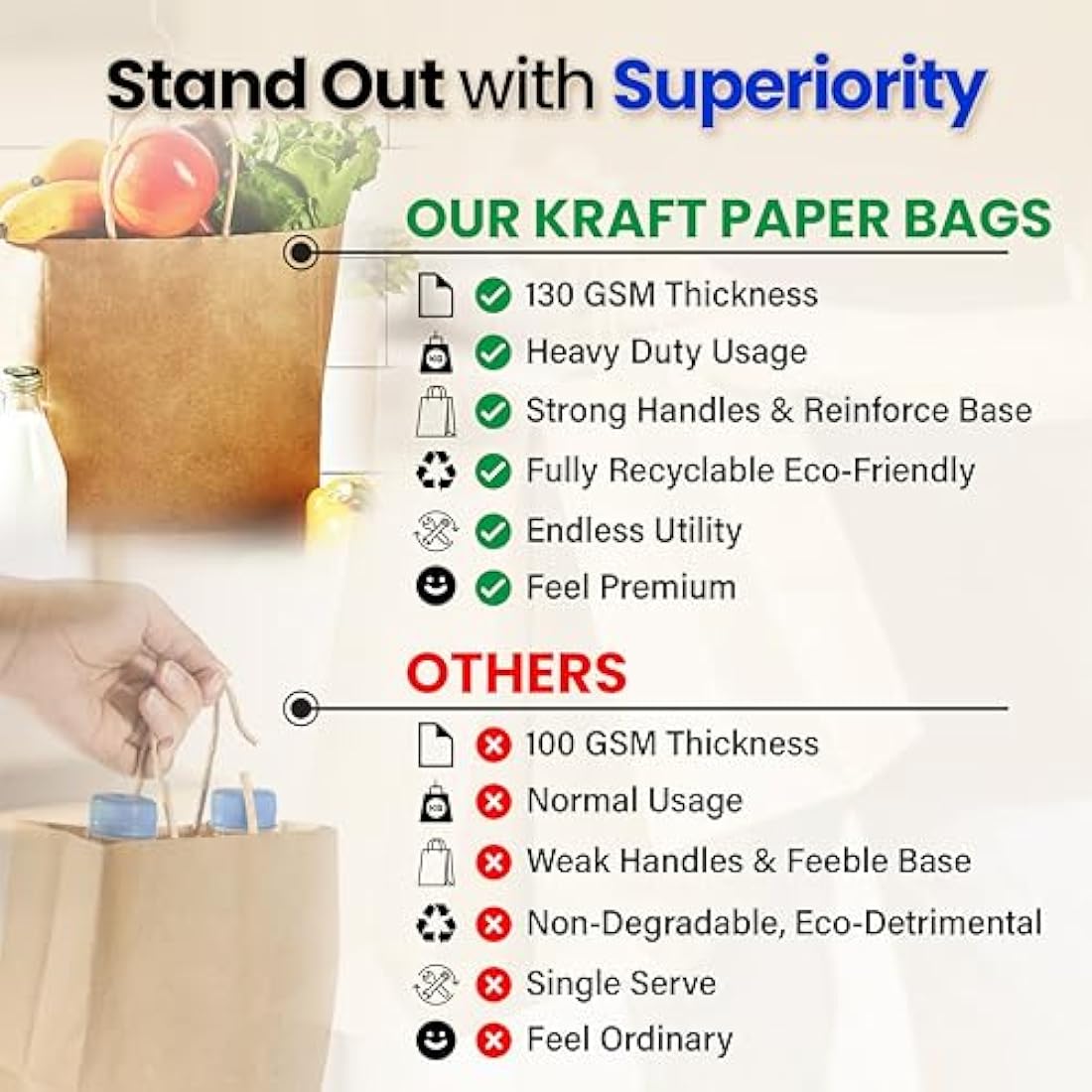HURUC 50 Pcs Brown Kraft Paper Gift Bags with Handles - 18x24x8cm