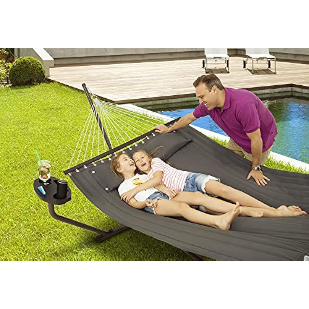 Vita5 Double Hammock with Heavy Duty Stand, Side Table & Pillow - Dark Grey