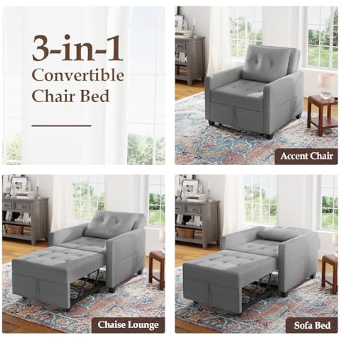 Vesgantti 3-in-1 Convertible Sleeper Chair Bed | Light Grey Linen Fabric