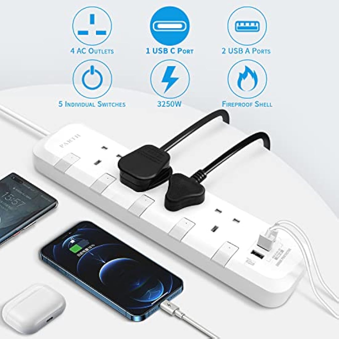 PARTH 5M Extension Lead | 4 Way Surge Protected Power Strip with USB-C