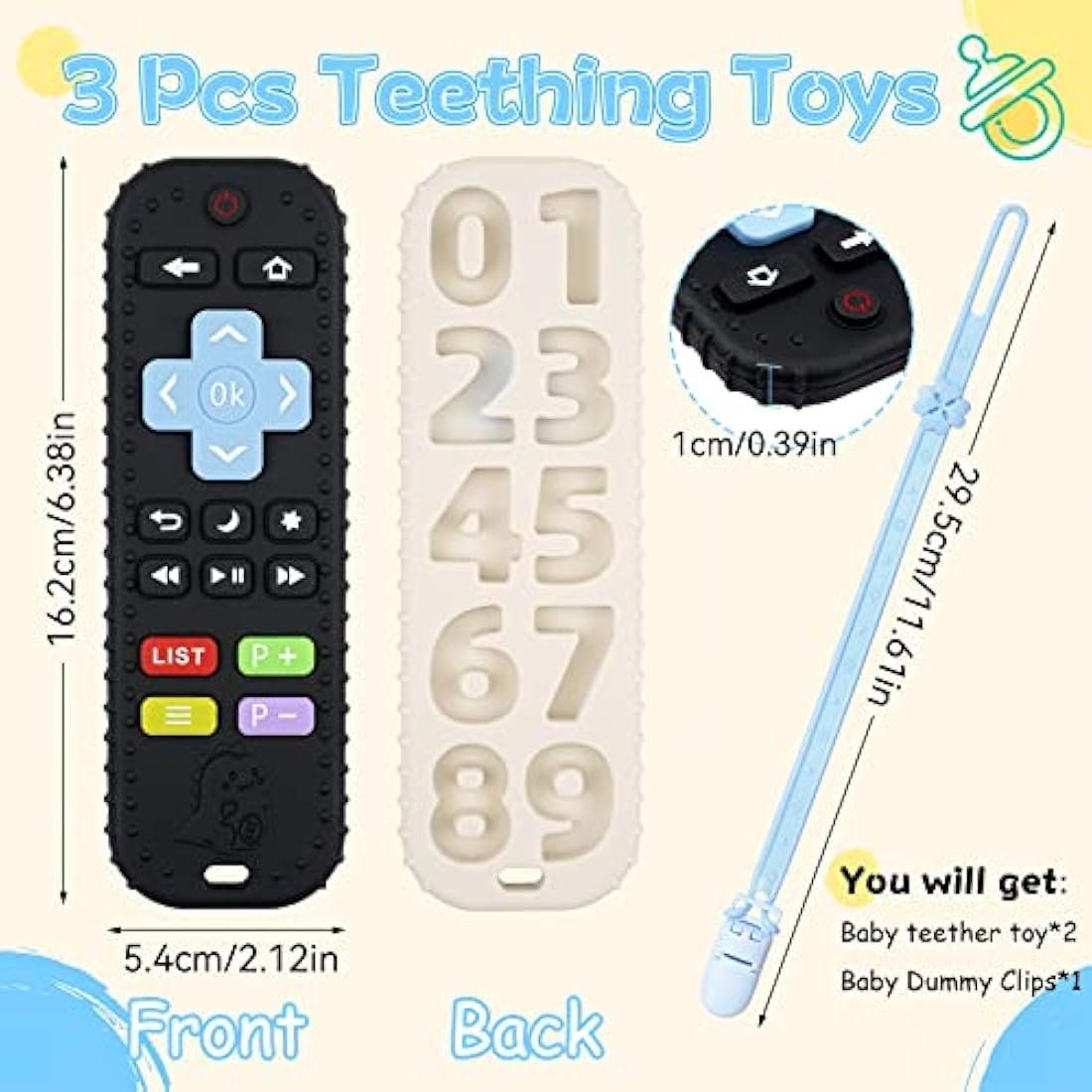 Tikplus Silicone Remote Control Teether Toy with Pacifier Clip | 2 Pack