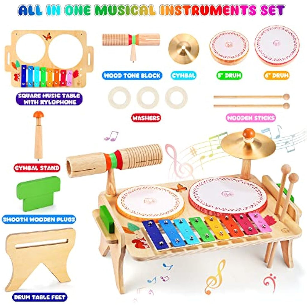 Sweet Time 7-in-1 Wooden Kids Drum Set | Toddler Musical Xylophone Toy