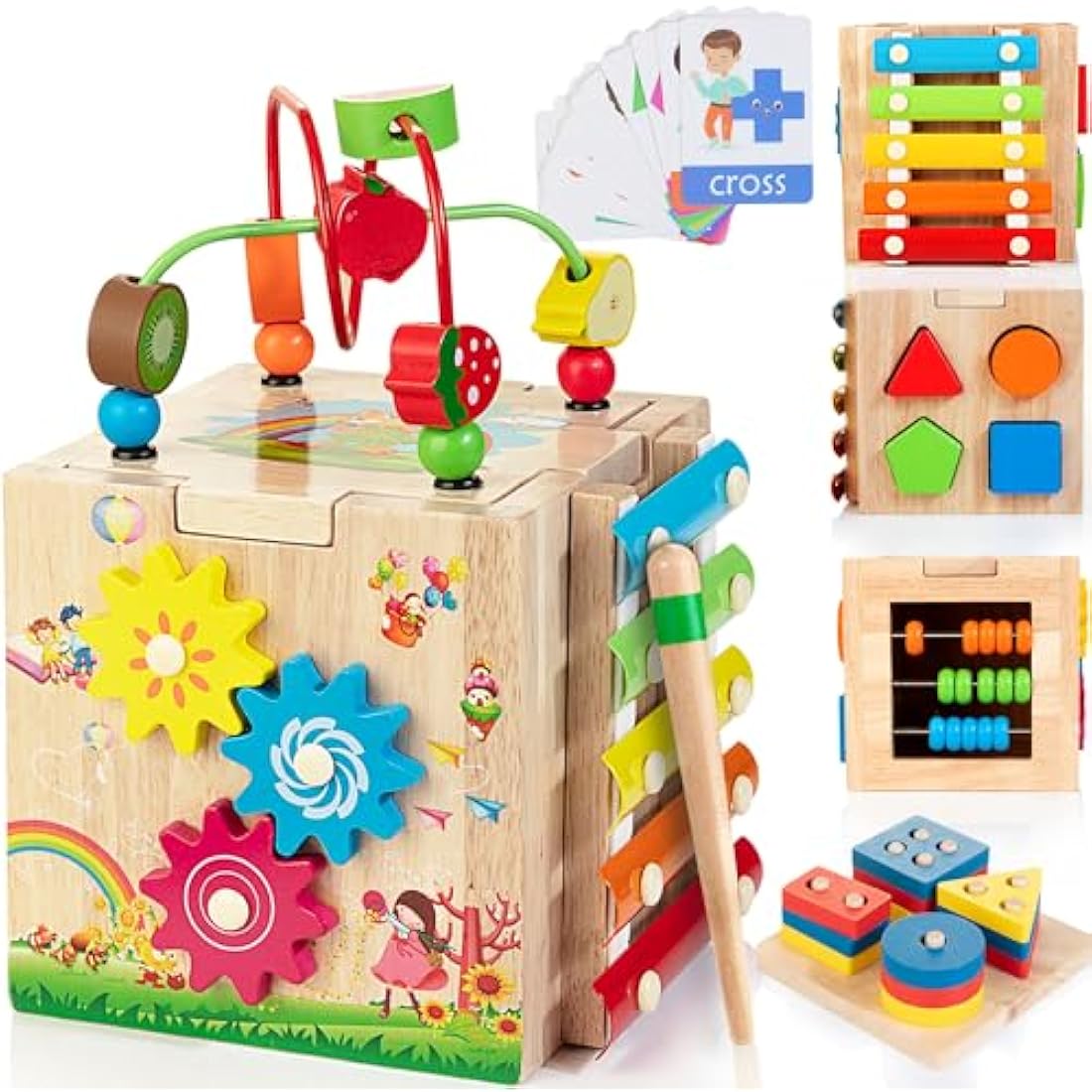 Jolof Store 8-in-1 Wooden Activity Cube Montessori Toy for Toddlers