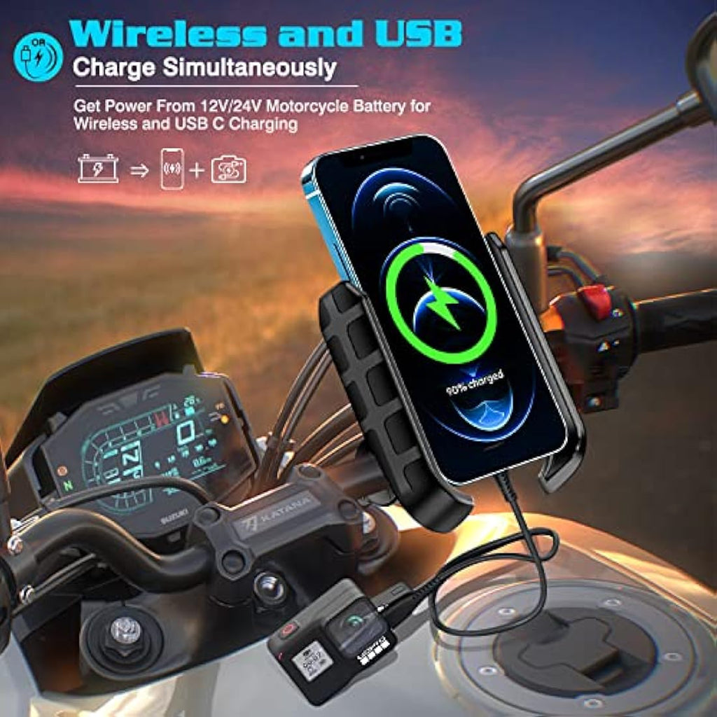 iMESTOU Motorcycle Phone Mount | Wireless & USB-C Fast Charger | 4-7"
