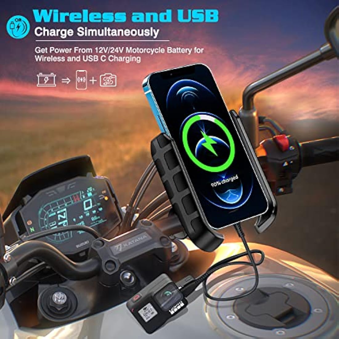 iMESTOU Motorcycle Phone Mount | Wireless & USB-C Fast Charger | 4-7"