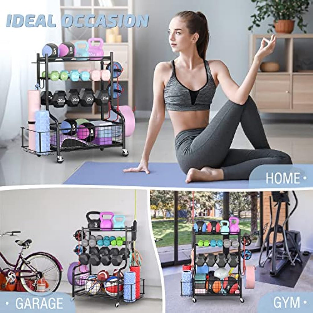 Mythinglogic Dumbbell Rack - 3-Tier Steel Weight Stand with Wheels
