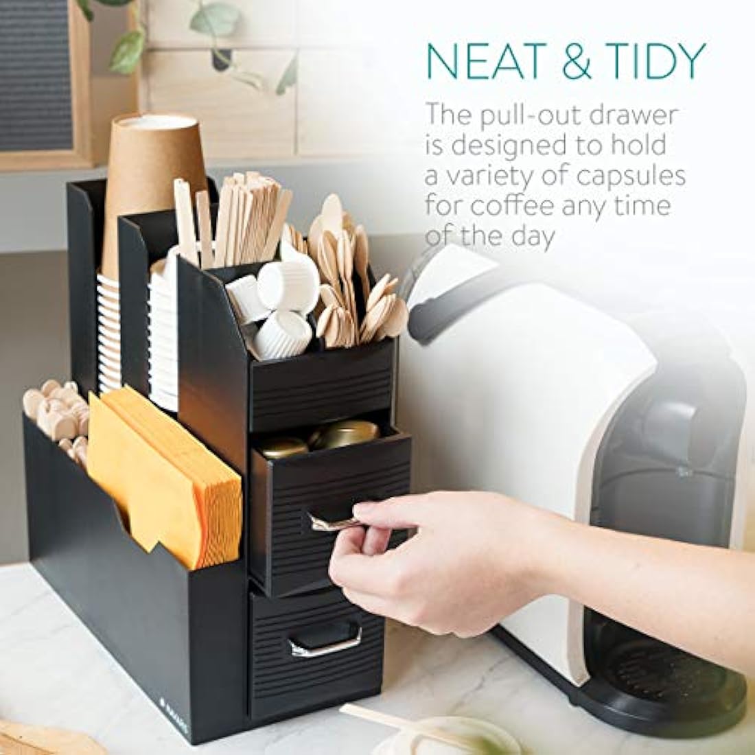 Navaris Coffee Condiment Caddy – 2-Drawer Tea Station Organizer - Black