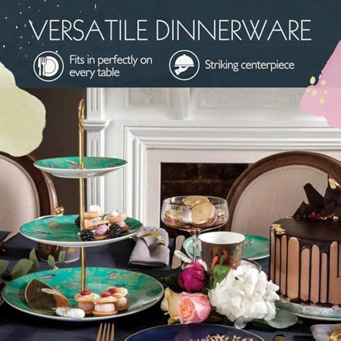 Sara Miller Chelsea 3-Tier Cake Stand - Green Fine China with Gold Detail