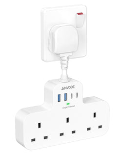 ANVODE 3 Way Multi Plug Extension Socket with USB C – 7-in-1 Adapter
