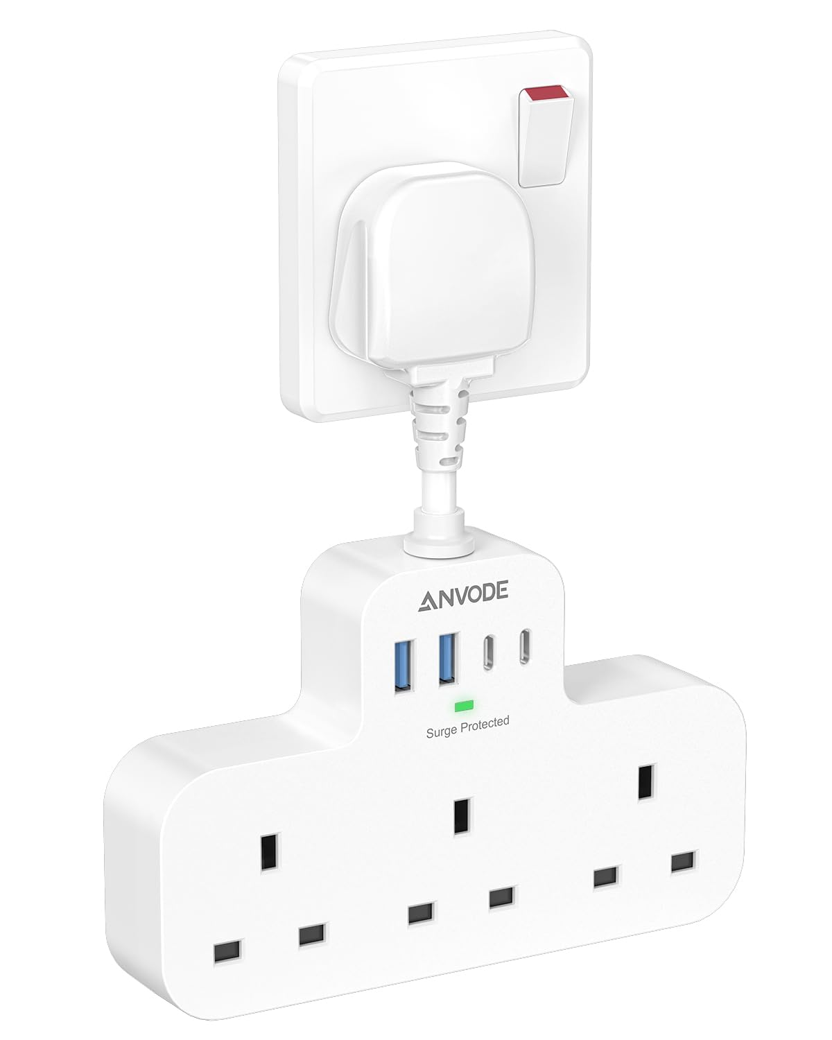 ANVODE 3 Way Multi Plug Extension Socket with USB C – 7-in-1 Adapter
