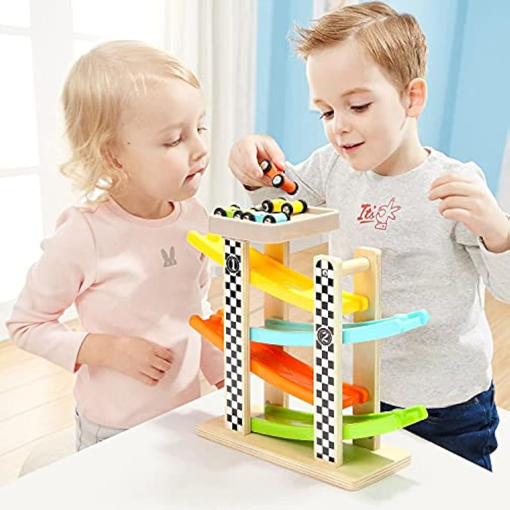 Top Bright Wooden Car Ramp Toy – Educational Toddler Gift with 4 Cars