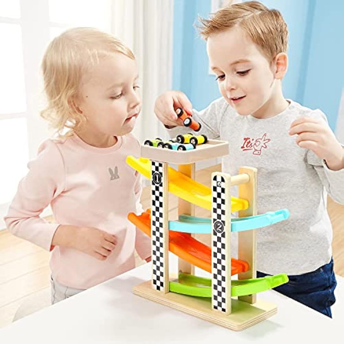 Top Bright Wooden Car Ramp Toy – Educational Toddler Gift with 4 Cars