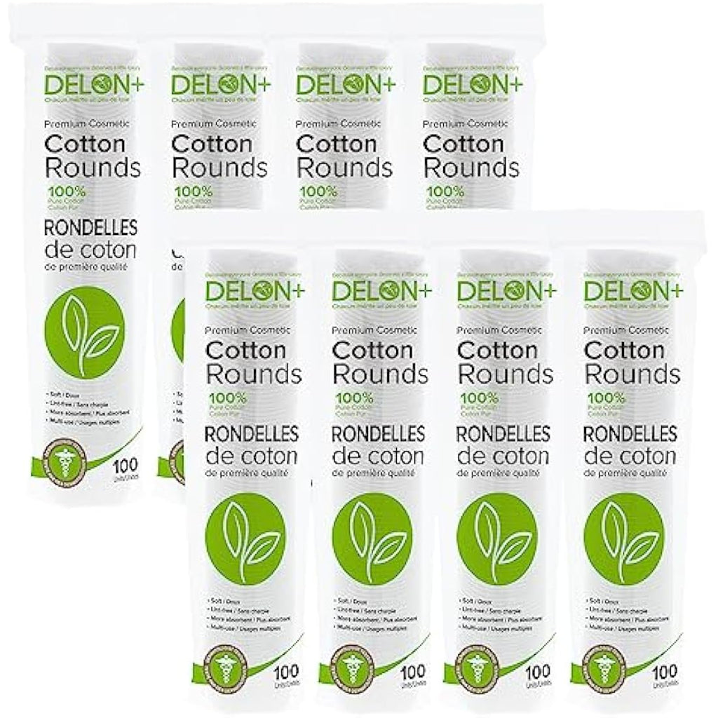 Delon+ Premium Cotton Rounds with Aloe Vera & B5 - 100 Count (8 Pack)