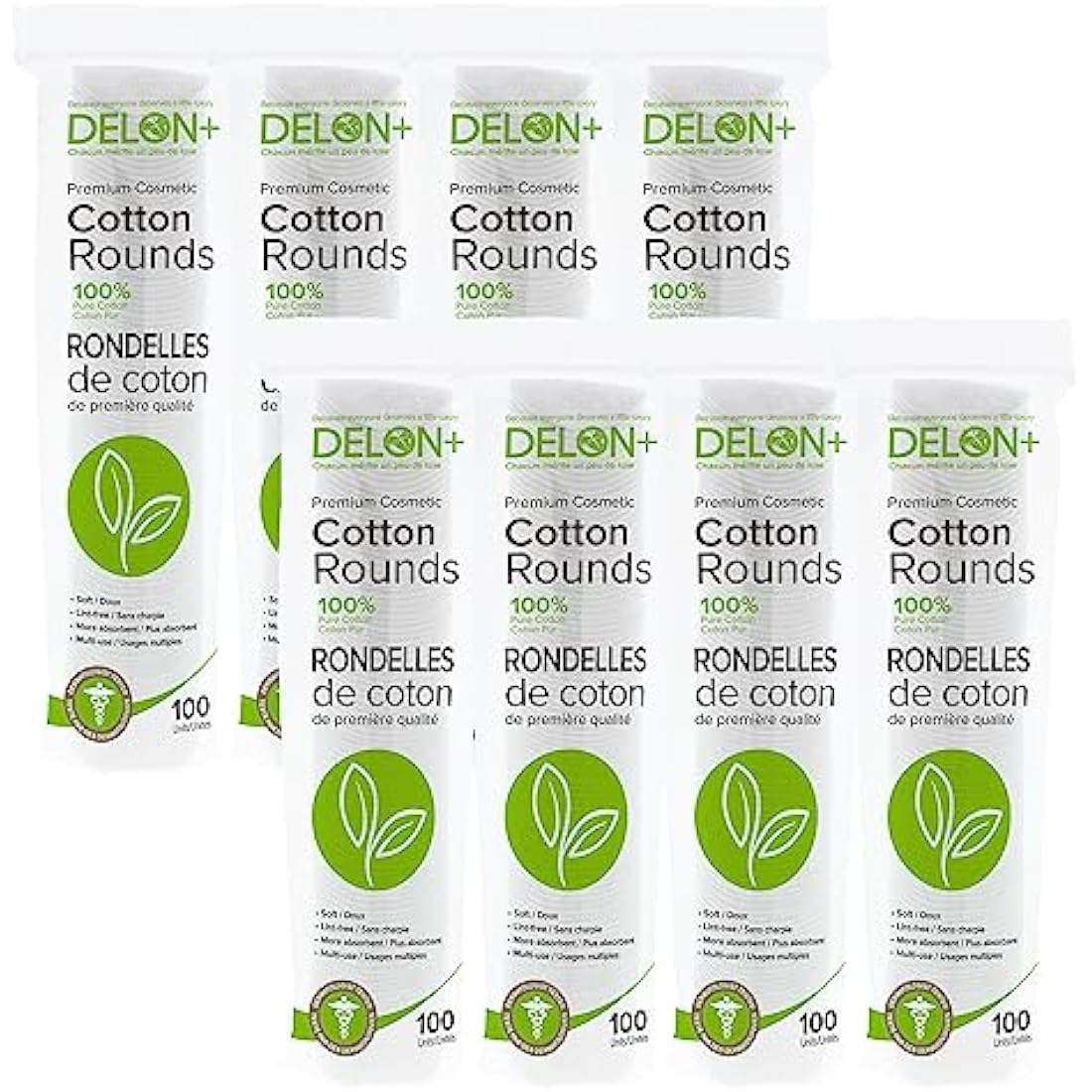 Delon+ Premium Cotton Rounds with Aloe Vera & B5 - 100 Count (8 Pack)