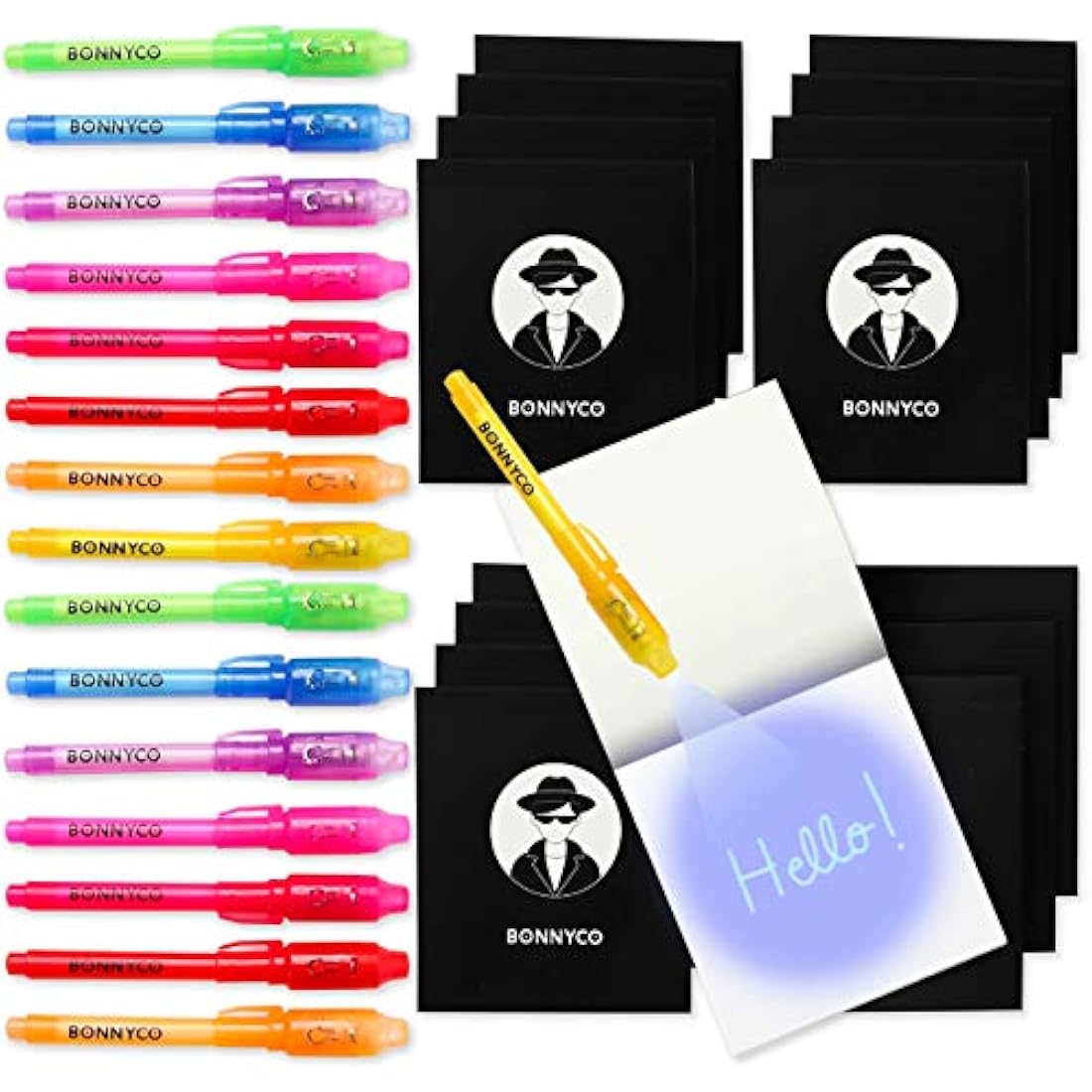 BONNYCO Invisible Ink Pen and Notebook Set - 16 Pack Spy Party Favours