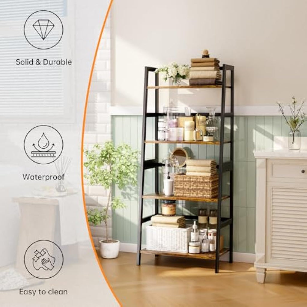 HITNET 4-Tier Ladder Shelf | Bamboo Frame Bookshelf in Rustic Brown