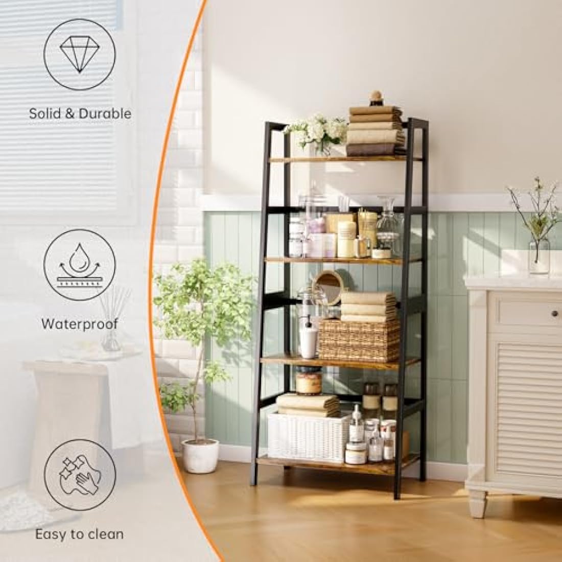 HITNET 4-Tier Ladder Shelf | Bamboo Frame Bookshelf in Rustic Brown