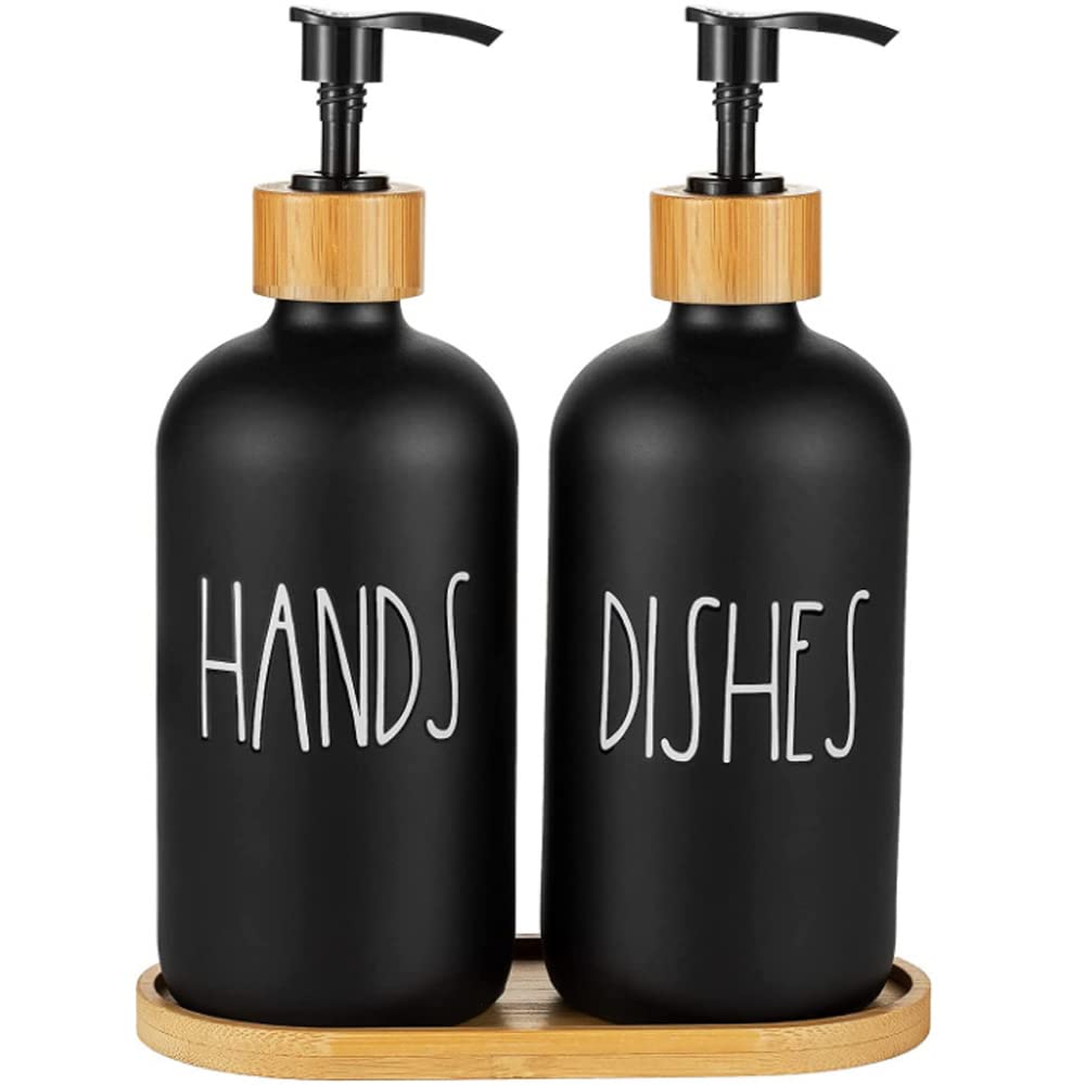 Hniuyun Glass Soap Dispenser Set of 2 | 16 Oz Refillable Black Bottles