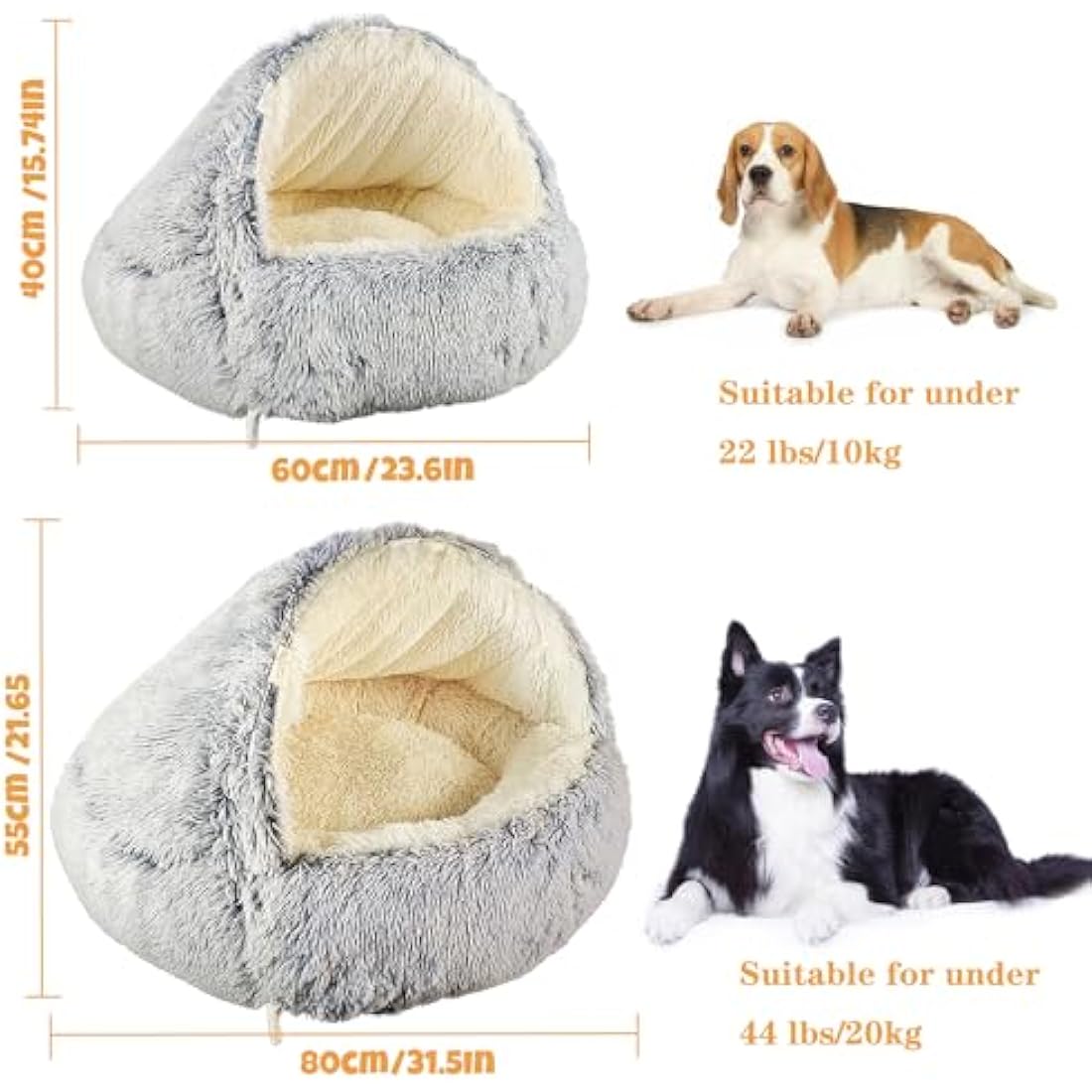 SUOXU Hooded Cave Dog Bed – Plush Calming Donut Pet Bed with Support Rods