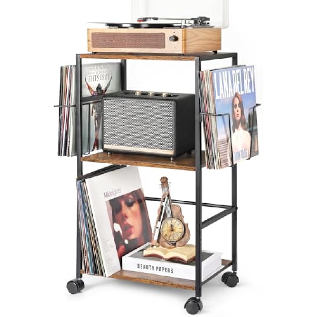 Bikoney Vinyl Record Storage – Rolling Turntable Stand with 3-Tier Shelves