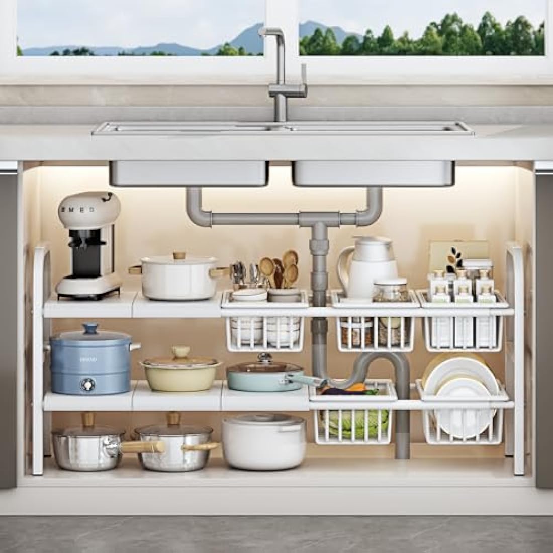 Jolof Store 2-Tier Under Sink Organiser – Expandable White Kitchen Shelf