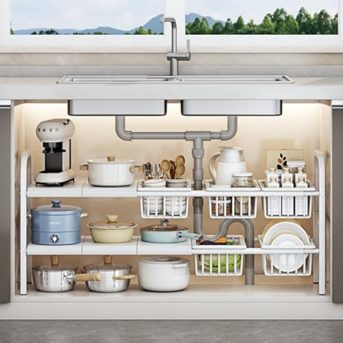 Jolof Store 2-Tier Under Sink Organiser – Expandable White Kitchen Shelf