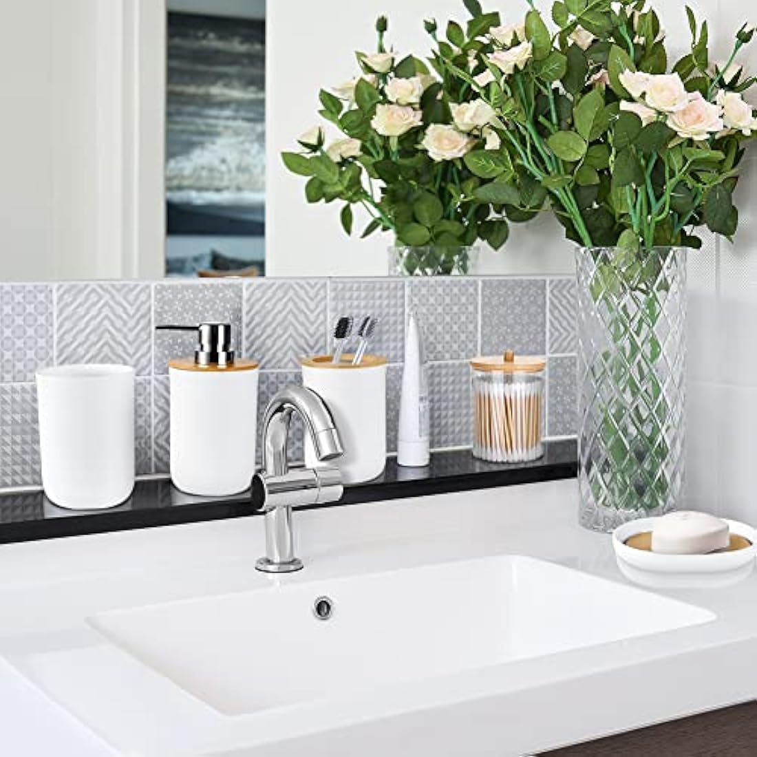 7-Piece Bamboo & Plastic Bathroom Accessory Set - White